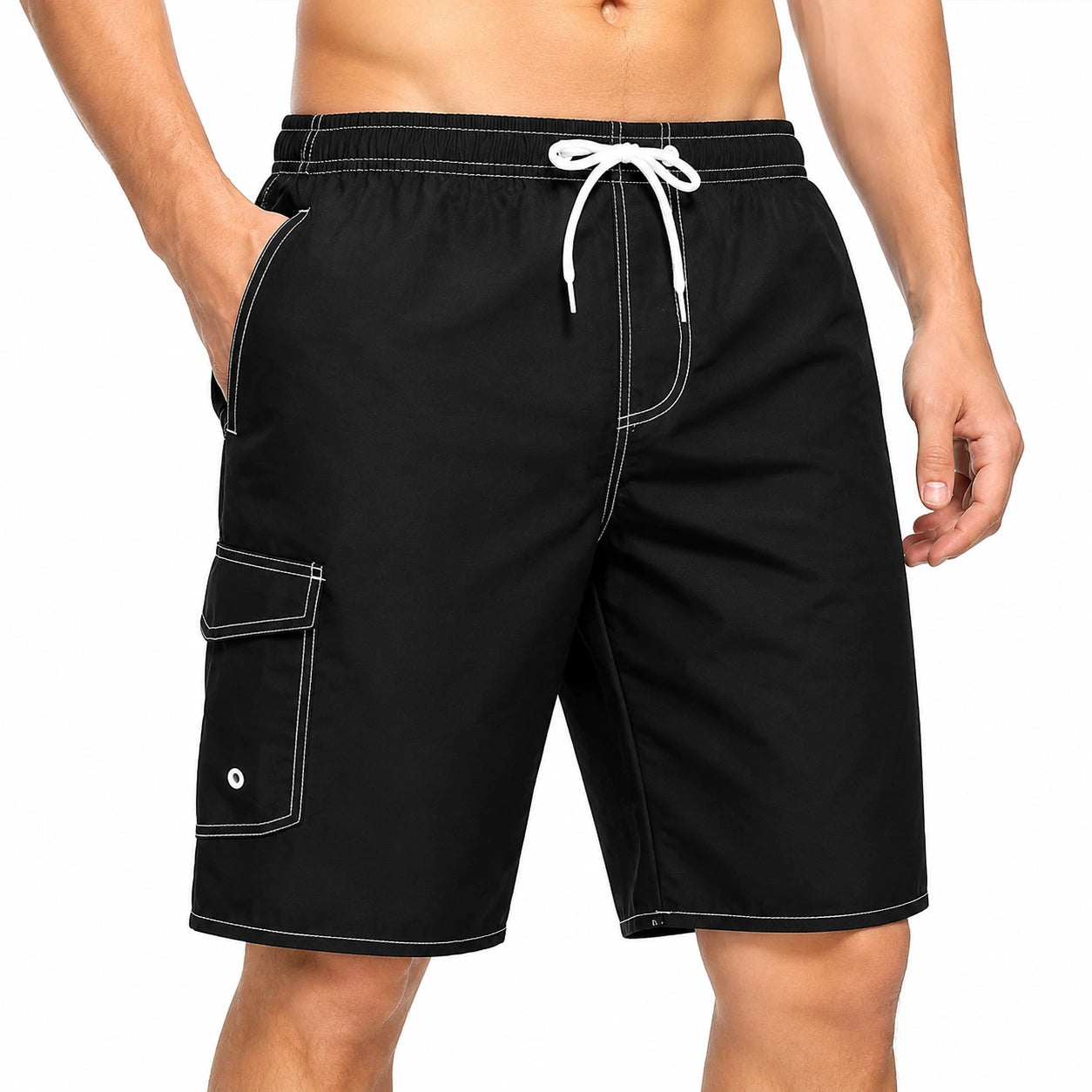 Herren-Badeshorts Größe M aus Textilgewebe Schwarz mit Kontrastnähten und Cargotasche