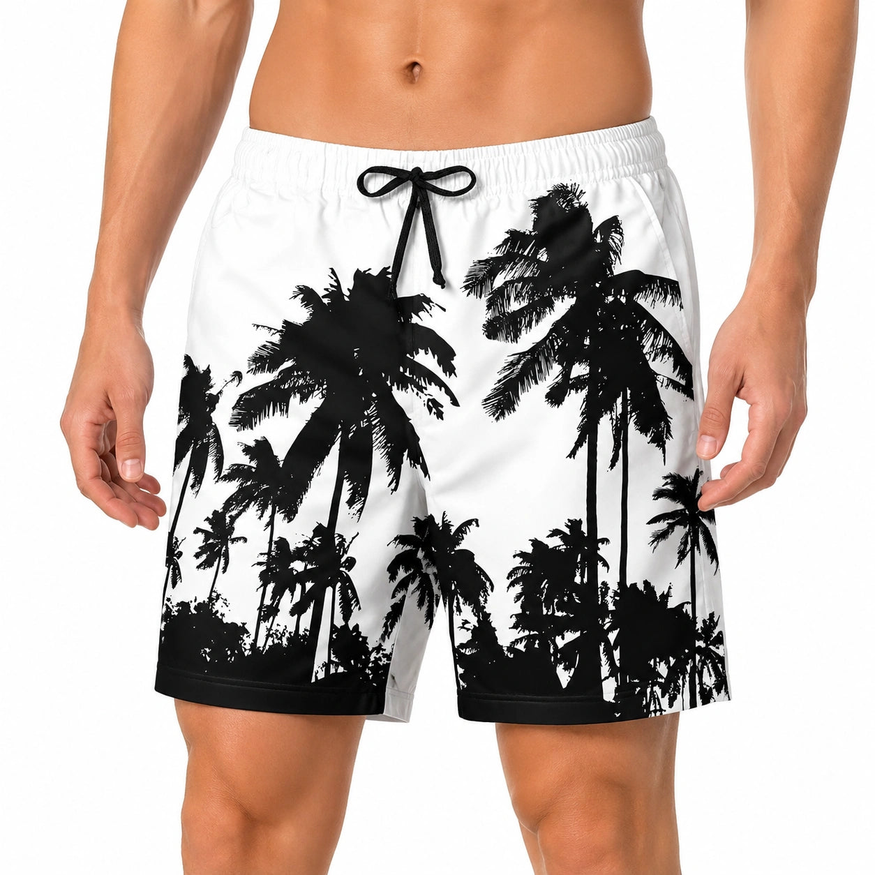 Herren Badeshorts Größe L aus Textil in Weiß Schwarz mit Palmenprint und Kordelzug