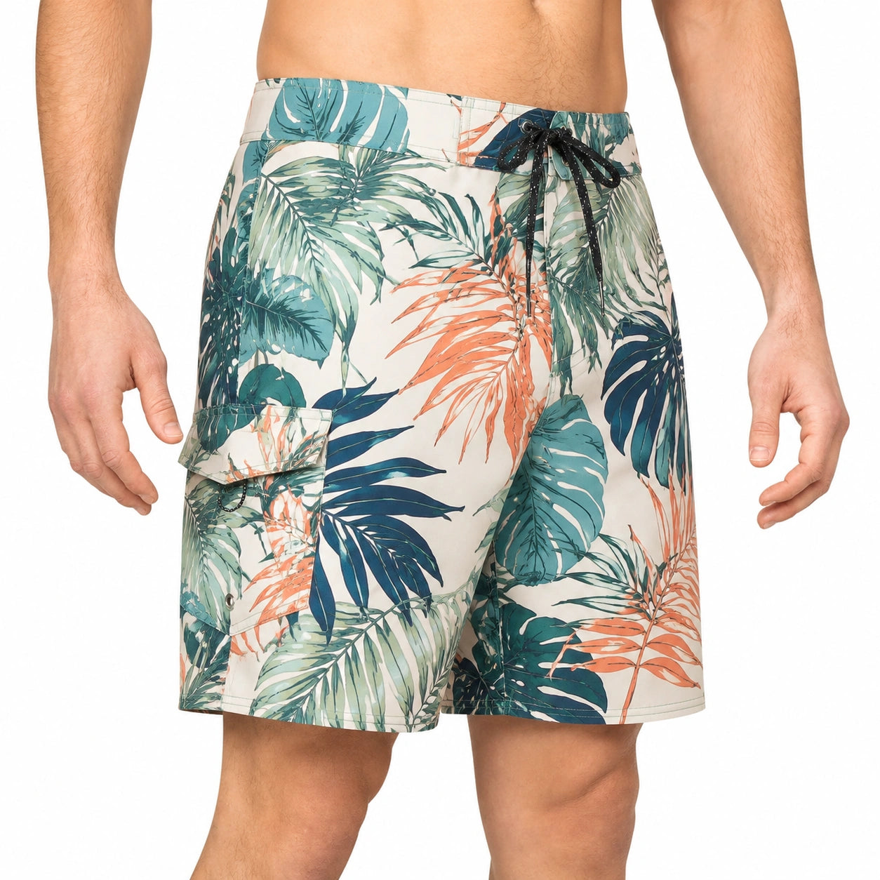 Herren Badeshorts Größe M aus Textil mit tropischem Blattmuster und Kordelzug