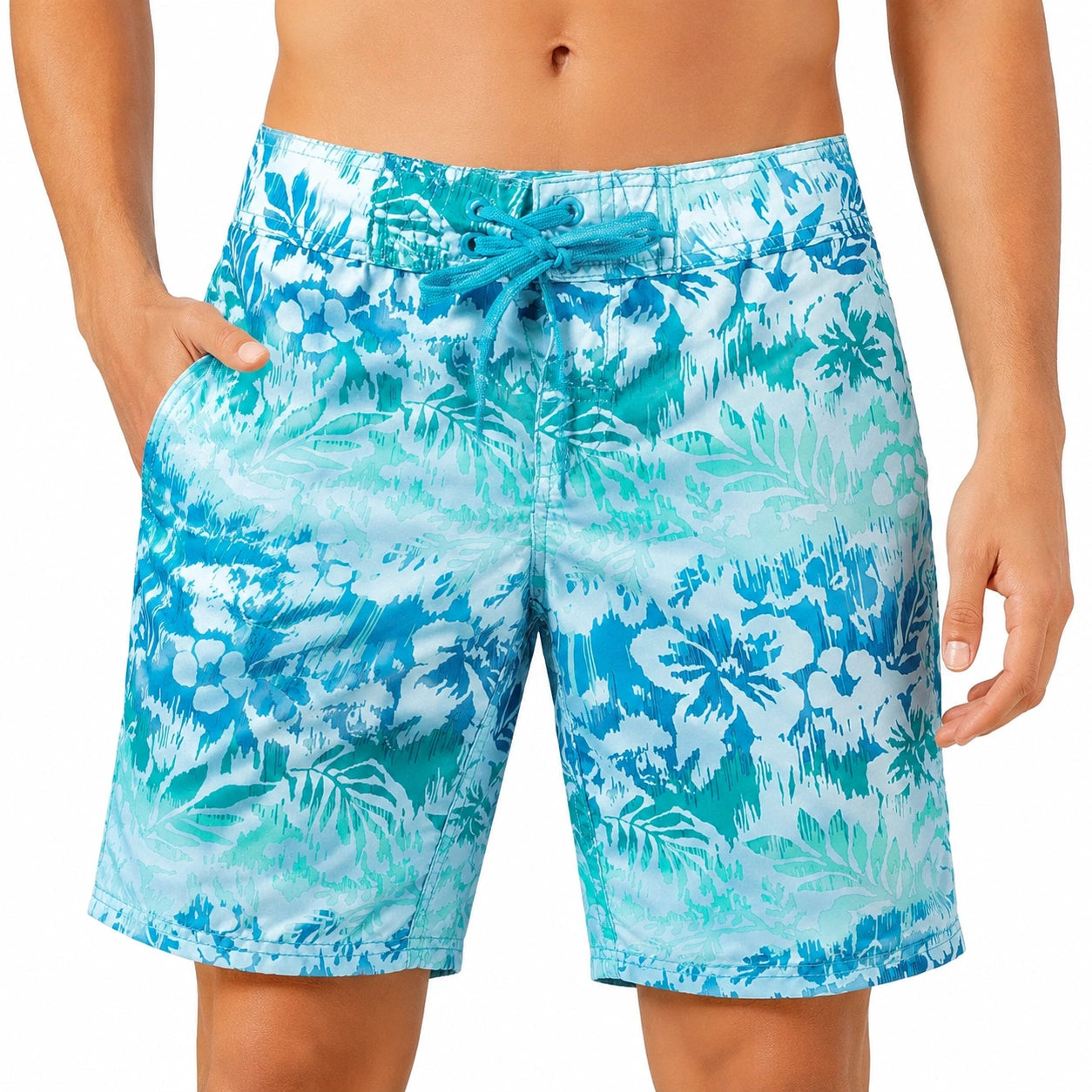 Herren Badeshorts Größe L aus Synthetikgewebe in Türkis mit Blumenmuster und Kordelzug