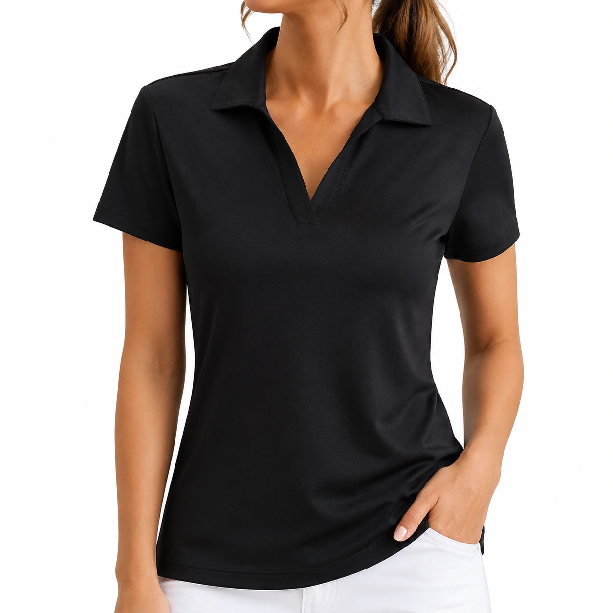 Damen Kurzarmshirt Größe M Schwarz mit Polokragen und V-Ausschnitt