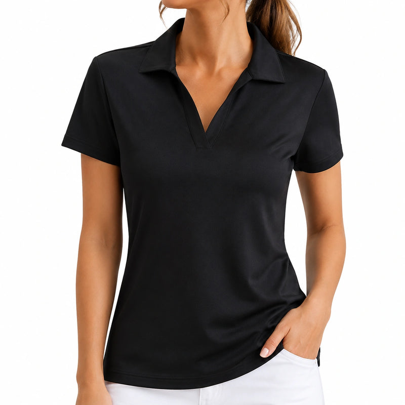 Damen Kurzarmshirt Größe M Schwarz mit Polokragen und V-Ausschnitt