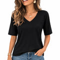Damen T-Shirt Größe M Schwarz Textil Kurzarm V-Ausschnitt Casual