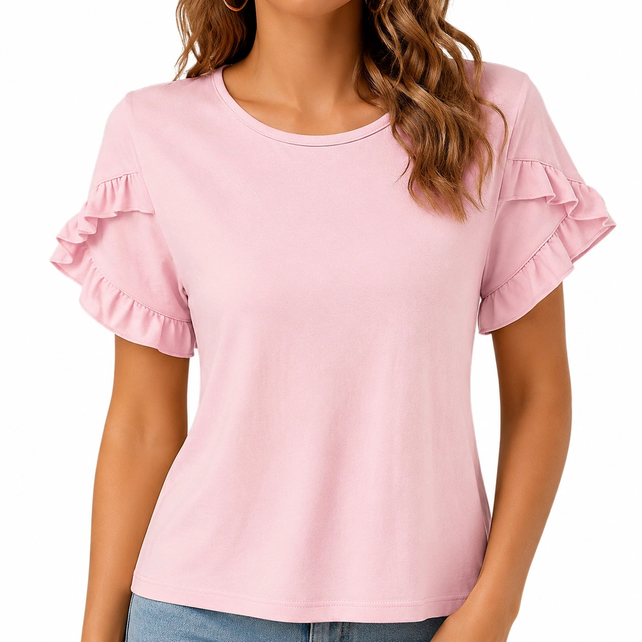 Damen T-Shirt L Rosa mit Rüschenärmeln für Freizeit