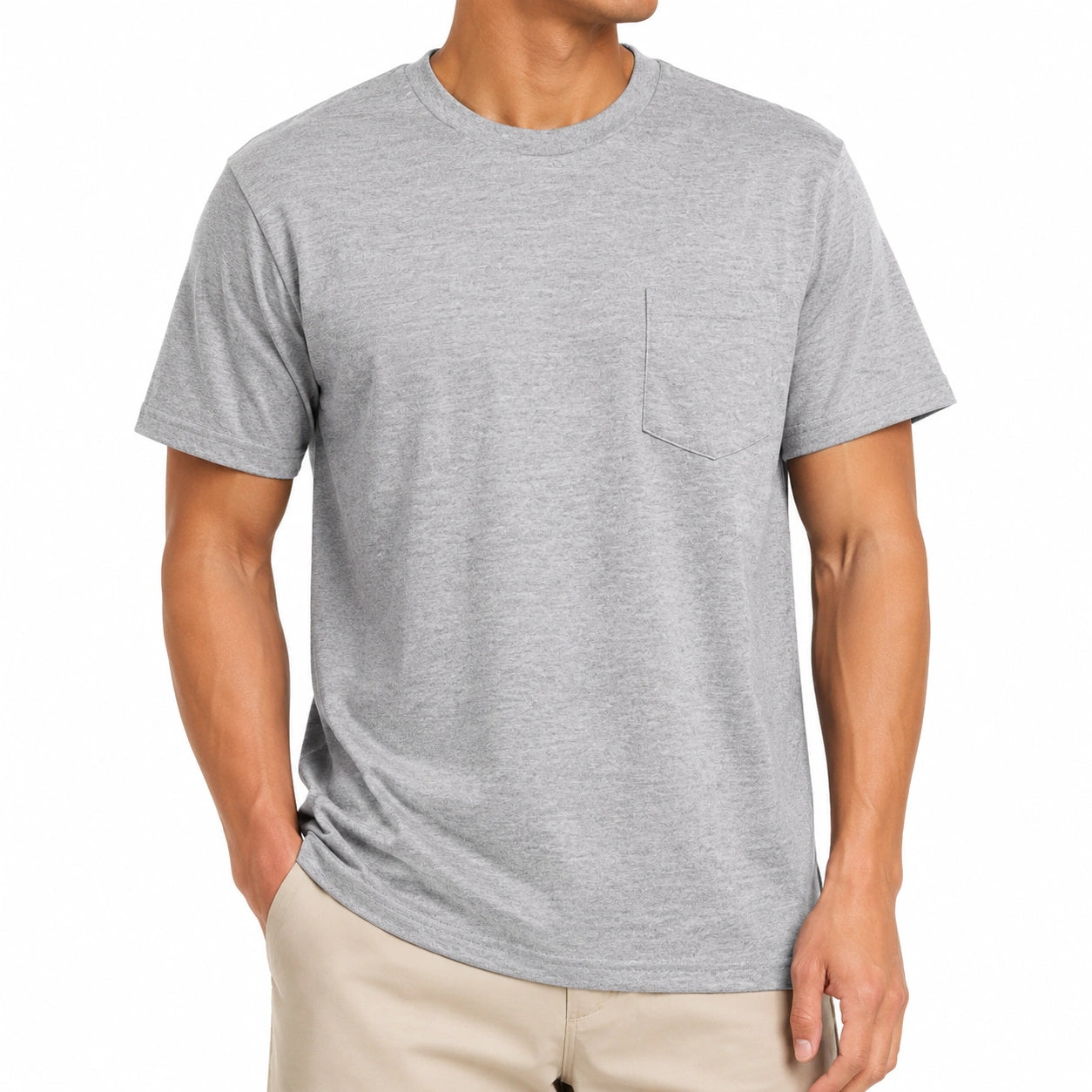 Herren T-Shirt Größe L Grau mit Brusttasche Rundhals Kurzarm