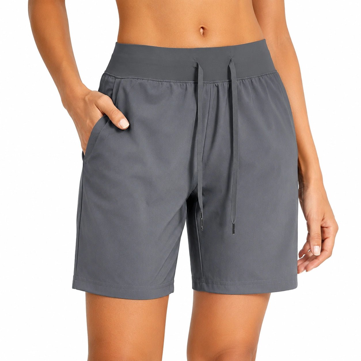 Damen Shorts Größe M aus glattem Textilgewebe Grau mit Taschen und Kordelzug