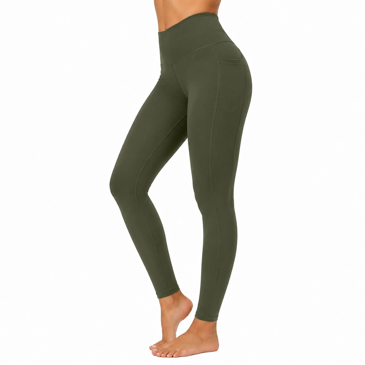 Damen Leggings Größe M aus Stretchstoff Olivgrün mit hoher Taille und Seitentasche